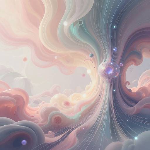 Digital abstract artwork featuring swirling, pastel-colored clouds with glowing orbs and light lines converging towards a radiant white center.