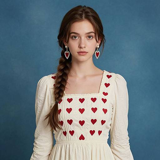 Young woman with fair skin and brown hair in a braid, wearing a white dress with red heart embroidery, and heart-shaped earrings, against a blue