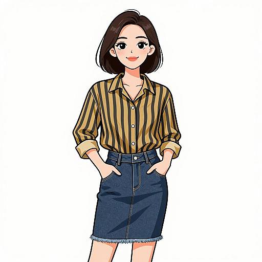 Digital anime-style drawing of a smiling woman with short black hair, wearing a striped yellow and black shirt and blue denim skirt with hands in pockets.