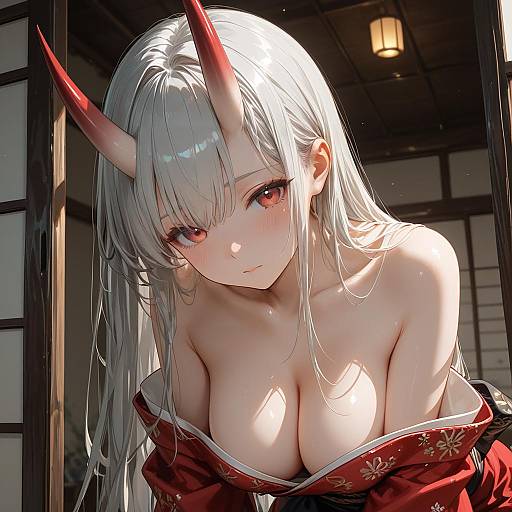 Oni Girl in Red Kimono Portrait