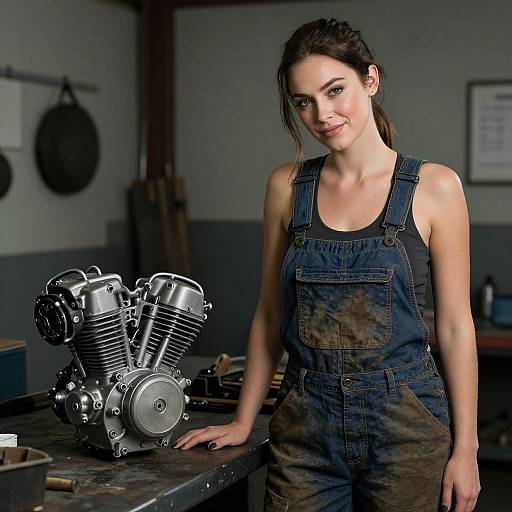 Photograph of a smiling young woman with dark hair in denim overalls, standing beside a detailed motorcycle engine in a dimly lit workshop.