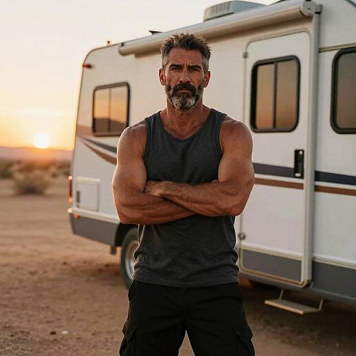 Muscular, bearded man with short dark hair in a black tank top stands with arms crossed in front of a white RV at a desert sunset.