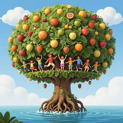 Colorful digital illustration of children playing on a fruit tree with apples, oranges, and strawberries, rooted in a calm ocean.