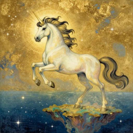 Digital art of a radiant white unicorn with a black mane and tail, standing on a floating cloud against a golden, starry sky.