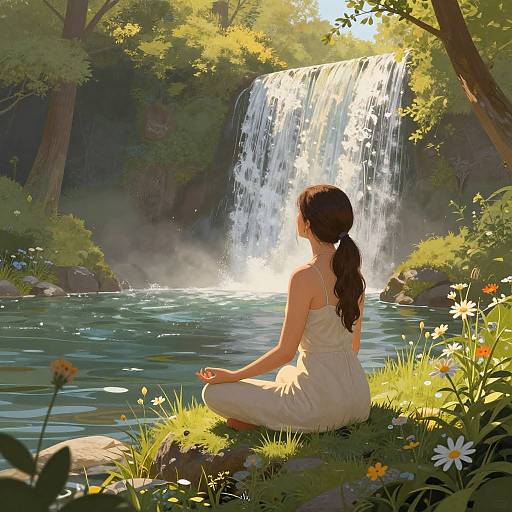 Digital painting of a woman with long brown hair in a white dress, sitting by a sunlit waterfall, pond, and lush forest. Sunlight filters