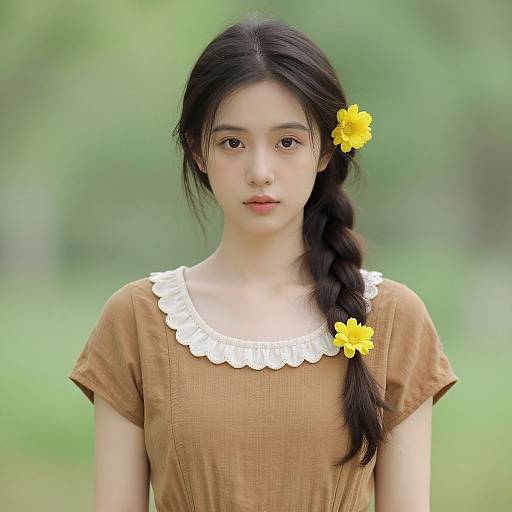 Photograph of an Asian teenage girl with long black hair in a braid, adorned with yellow flowers, wearing a brown dress with white lace trim,