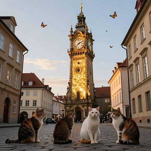 Photograph of five cats sitting on a cobblestone street in front of a brightly illuminated, historical clock tower with flying butterflies.