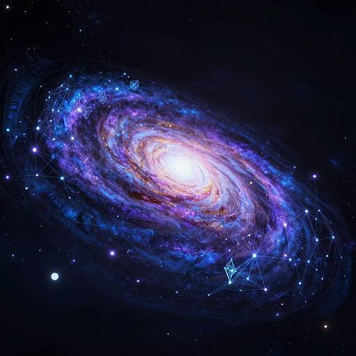Photograph of a vibrant spiral galaxy with a bright white core, surrounded by swirling blue and purple clouds, dotted with stars and constellations in a
