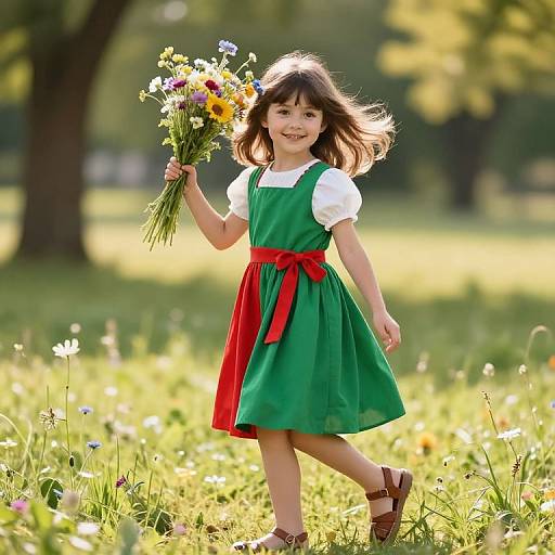Photograph of a smiling young girl with brown hair, wearing a green dress with red ribbon, white shirt, holding wildflowers, standing in a sunny