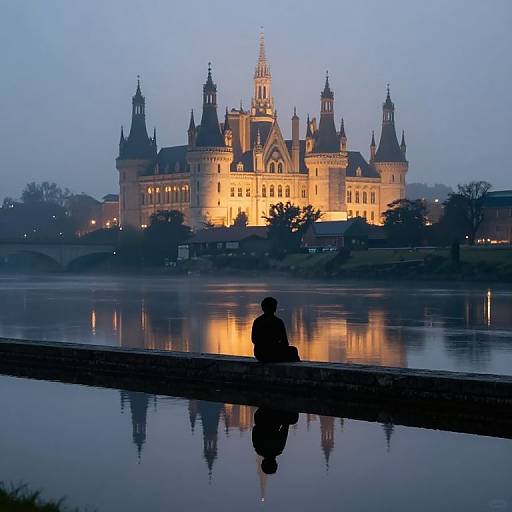Silhouetted person sits by tranquil lake reflecting grand, illuminated castle at dusk, with blue sky and soft, warm lighting. Photographic realism.