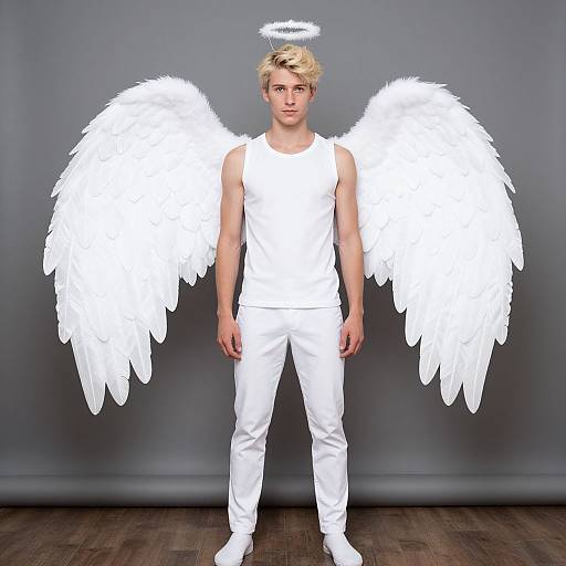 Photograph of a blonde man with white angel wings and halo, wearing a white tank top and pants, standing against a gray background.
