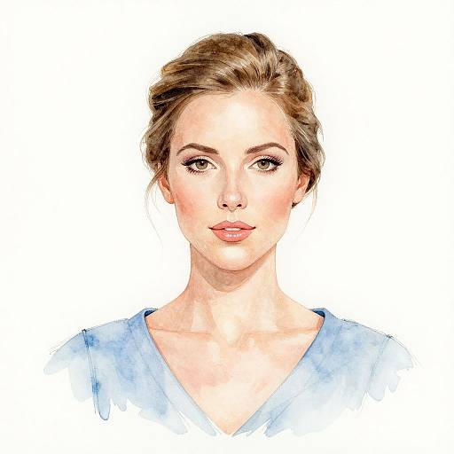Digital watercolor portrait of a fair-skinned woman with brown hair in a loose updo, wearing a light blue V-neck shirt, against a white