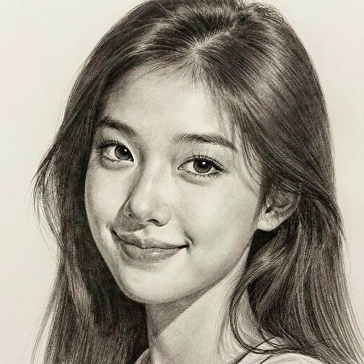 Black-and-white pencil drawing of a smiling young Asian woman with long, straight hair, large eyes, and delicate features, set against a plain white background