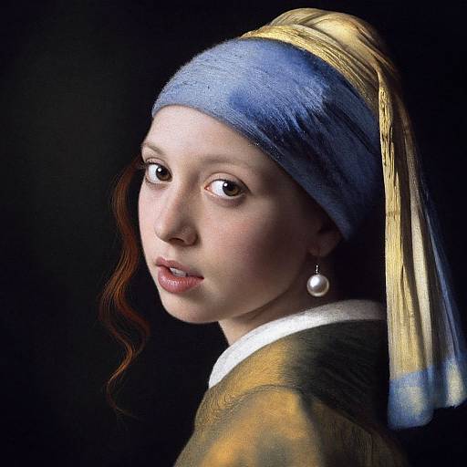 Photorealistic digital painting of a young woman with fair skin, blue headscarf, yellow headdress, pearl earring, and brown wavy