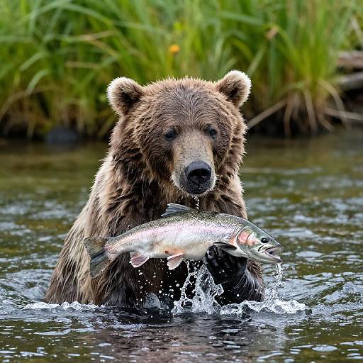 Realistic Bear Catching Salmon in River