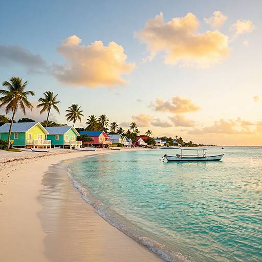 Photograph of a tropical beach at sunset with colorful houses, palm trees, calm turquoise water, and a small white boat.