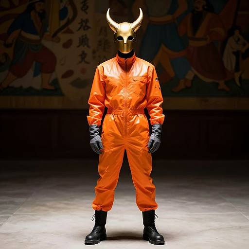Person in Orange Jumpsuit with Horned Mask