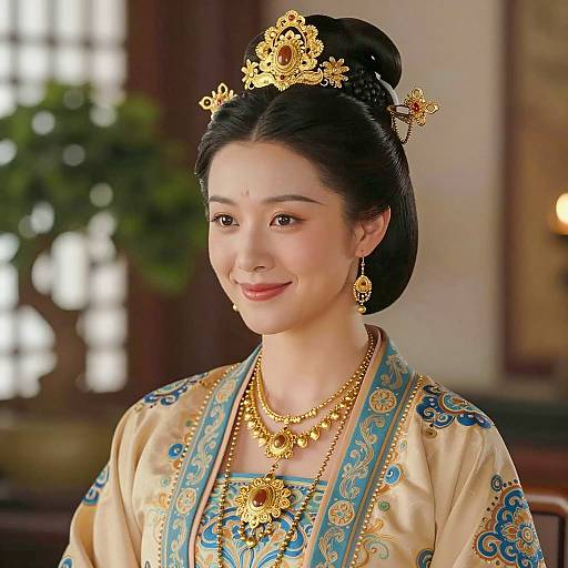 Asian Woman in Traditional Golden Headpiece and Ornate Dress
