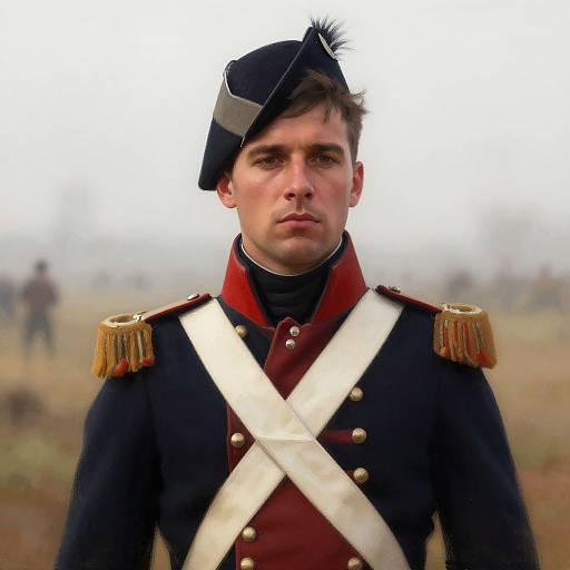 Photograph of a serious young white soldier in a blue military uniform with gold epaulettes, white cross-belt, and black hat, standing