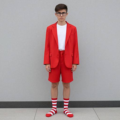 Photograph of a young man with short dark hair, black-framed glasses, wearing a red blazer, red shorts, white shirt, and red