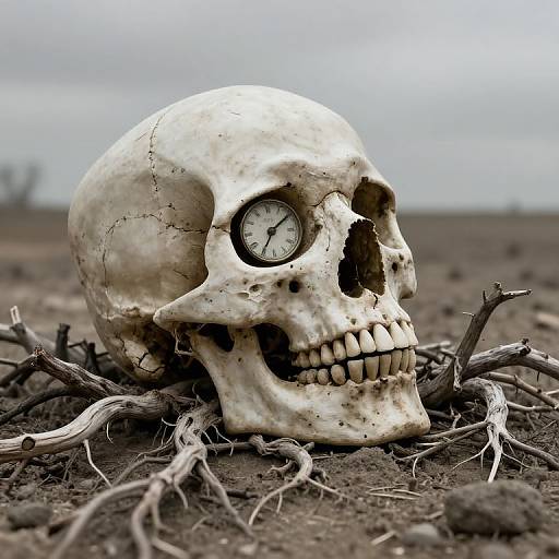 Photograph of a weathered, white skull with a clock face for an eye, surrounded by broken, twisted branches on barren, gray soil.