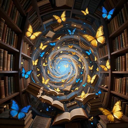 Mystical Library with Butterfly Vortex