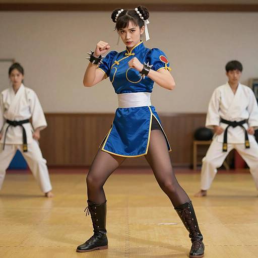 Photograph of a fierce female martial artist in blue Chinese cheongsam, black stockings, and boots, fighting stance, surrounded by two male karate