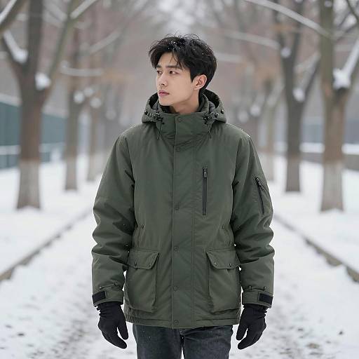 Man in Green Jacket Walking on Snowy Path