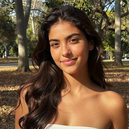 Photograph of a young woman with long, wavy black hair, olive skin, and brown eyes, smiling softly in a sunlit park with tall
