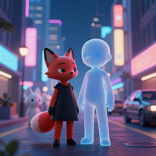 Neon City Night with Fox Figure