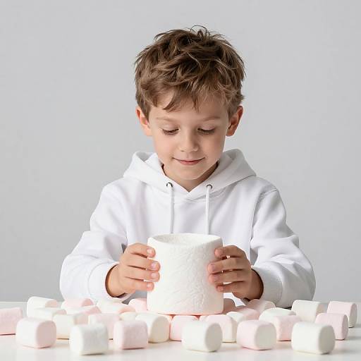 Photograph of a young boy with brown hair, wearing a white hoodie, smiling while holding a white marshmallow, surrounded by marshmallows on a