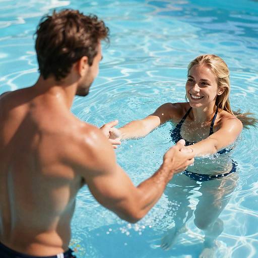Sunlit Pool Scene: A Joyful Interaction