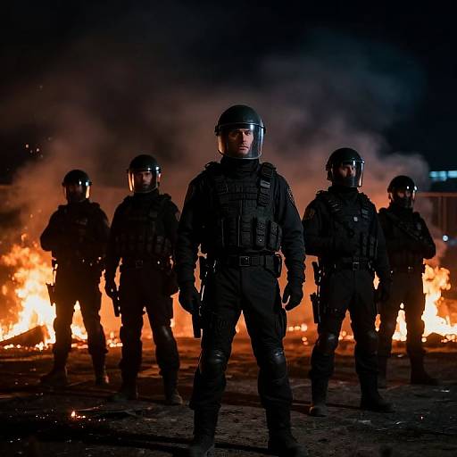 Photograph of five armored police officers in black tactical gear and helmets, standing in front of a blazing, orange fire at night.