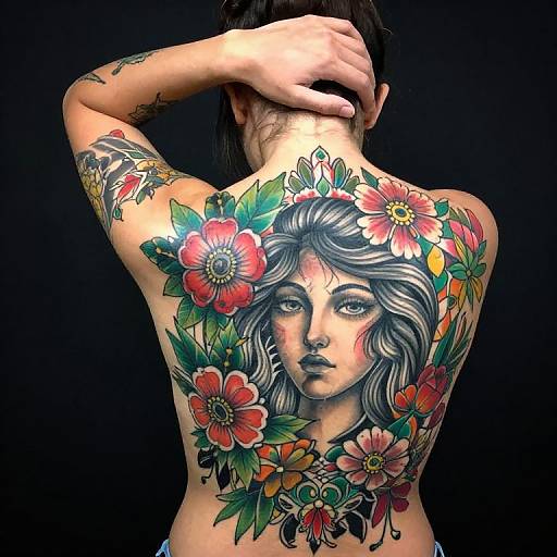 Photograph of a tattooed woman with a detailed back tattoo of a blue-haired woman surrounded by colorful flowers, covering her entire upper back, against a
