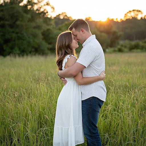 Photograph of a young couple in an embrace, standing in a grassy field during sunset. The man wears a white polka dot shirt and blue