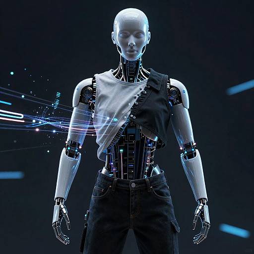 CGI image of a futuristic, bald, humanoid robot with metallic arms and torso, black pants, glowing blue lines, and a dark background.