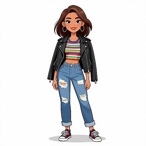Digital illustration of a young woman with medium brown skin, shoulder-length brown hair, wearing a striped crop top, black leather jacket, ripped blue jeans,