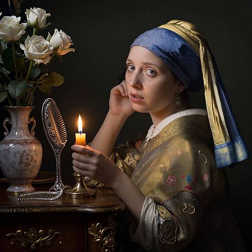 Photograph of a woman in 17th-century Dutch attire, holding a lit candle, with a fan and roses on a dark table.