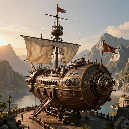 Photorealistic CGI of an ornate, vintage steampunk ship with billowing sails docked on a sunlit, mountainous waterfront, featuring