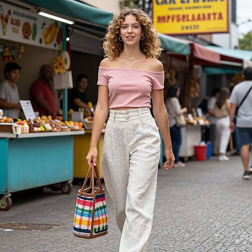 Photograph of a curly-haired woman with light skin in a pink off-shoulder top and white high-waisted pants, carrying a colorful striped