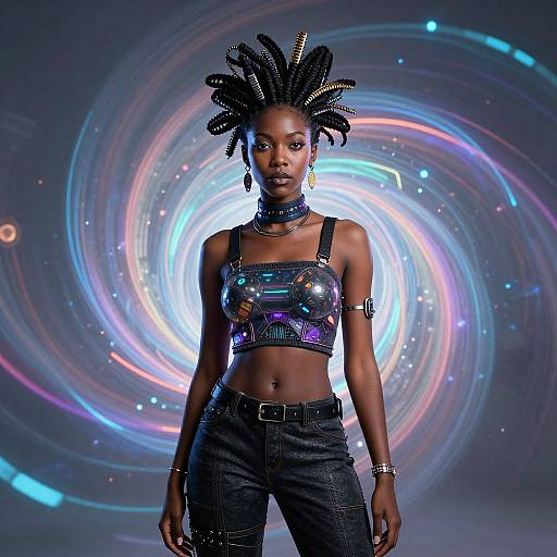 Photograph of a confident Black woman with large, beaded dreadlocks, wearing a glowing, futuristic crop top and high-waisted jeans, standing