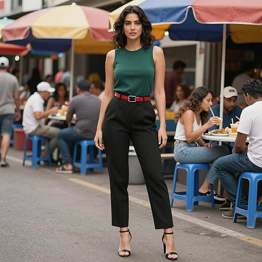 Photograph of a confident woman with wavy black hair, wearing a green sleeveless top, black high-waisted pants, red belt, and