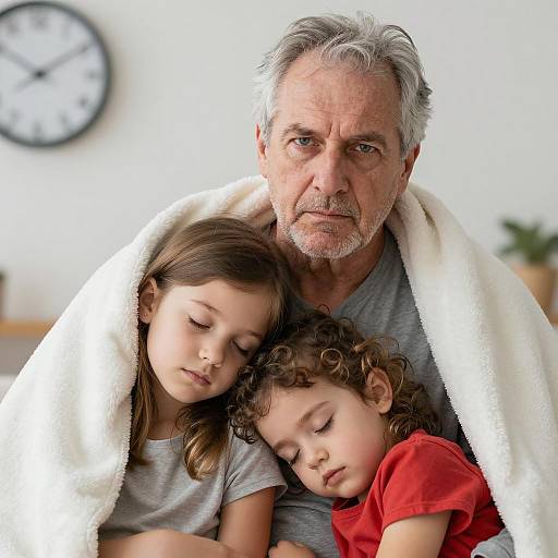 Grieving Grandfather with Sleeping Grandchildren