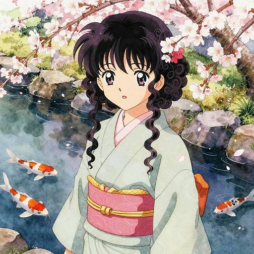 Anime-style drawing of a young girl with black curly hair, wearing a white kimono with pink obi, standing by a pond with koi fish