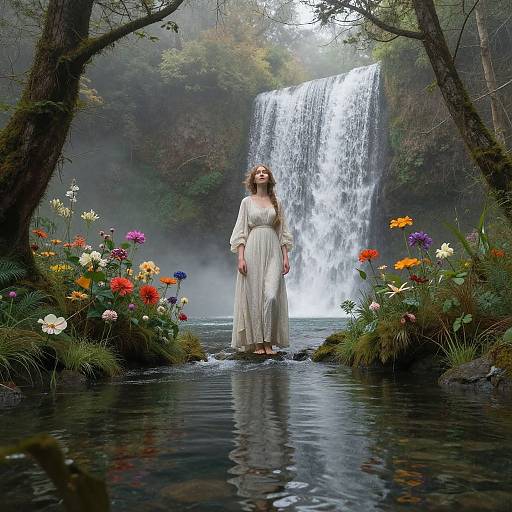 Photograph of a fair-skinned woman in a flowing white dress standing in a colorful flower-filled stream, with a tall waterfall in a misty forest
