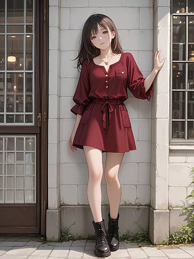Anime-style digital drawing of a young woman with long black hair, wearing a maroon dress and black boots, standing against a white brick wall with windows