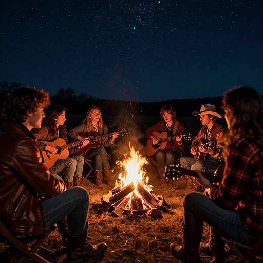Photograph of six friends, seated around a glowing campfire, playing acoustic guitars under a starry night sky. Warm, orange firelight contrasts with
