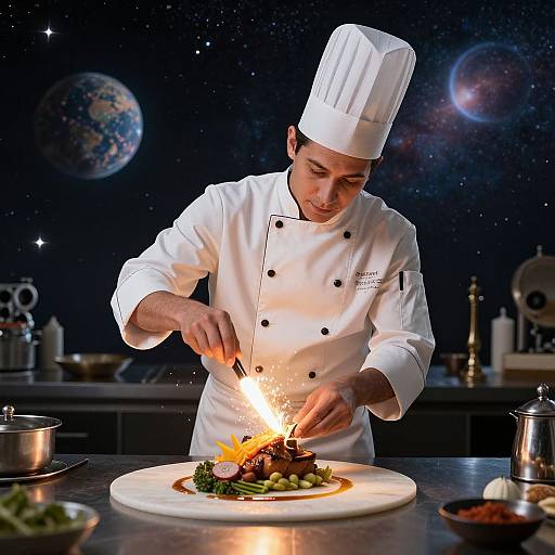 Photograph of a male chef in a white uniform and hat, igniting a dish of grilled meat and vegetables on a white plate in a futuristic kitchen