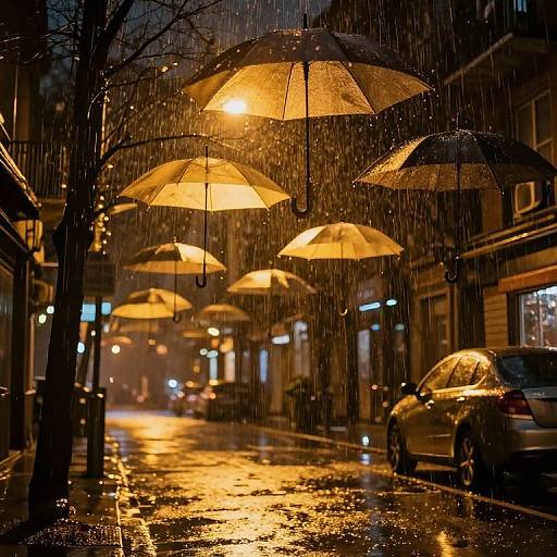 Photograph of a rainy street at night, illuminated by glowing yellow umbrellas overhead, reflecting on wet pavement, with parked cars and lit storefronts in