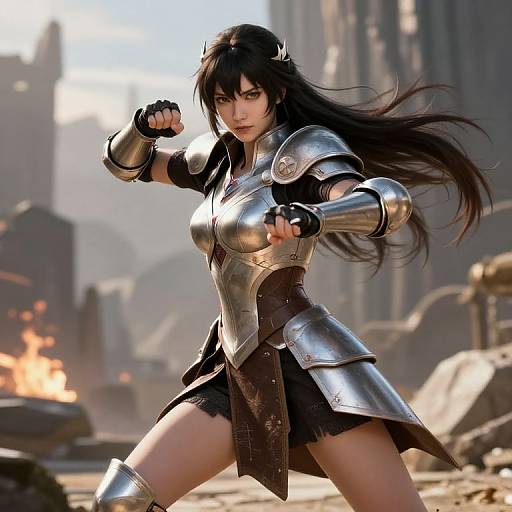 Digital CGI of fierce, long-haired female warrior in silver armor, black skirt, and gauntlets, striking a battle-ready pose amidst a burning,